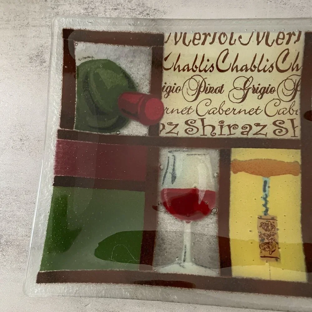 Vintage Peggy Karr Vino Wine Theme Fused Glass 13.5